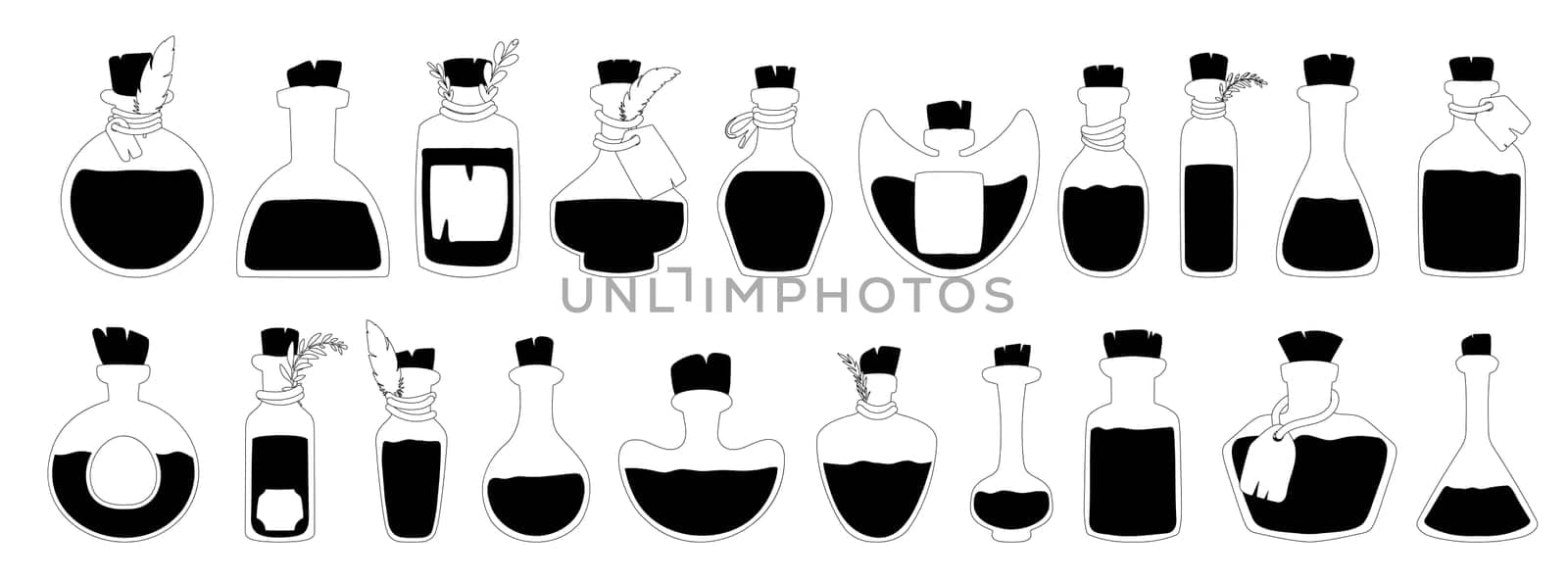 Black icons of potion, elixir, witchcraft liquid. Jars for witchcraft.