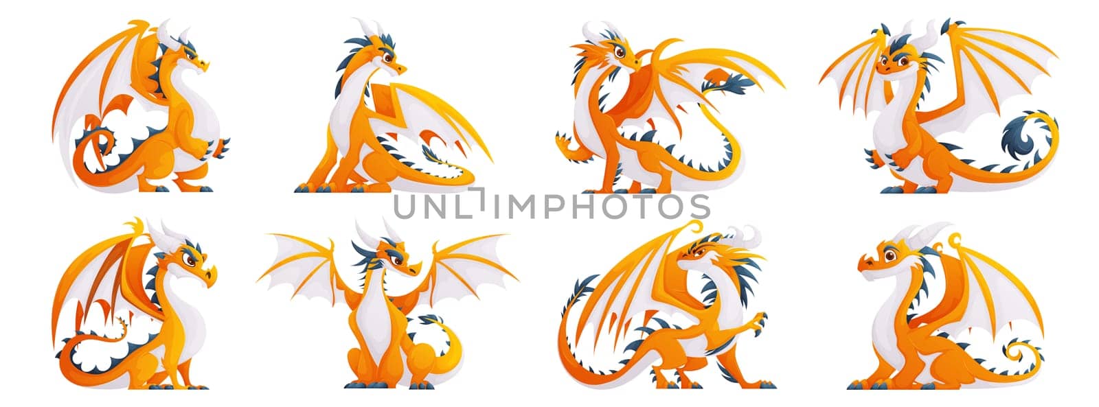 Set of yellow dragons. Large brutal dragon with wings. Yellow, blue and white color.