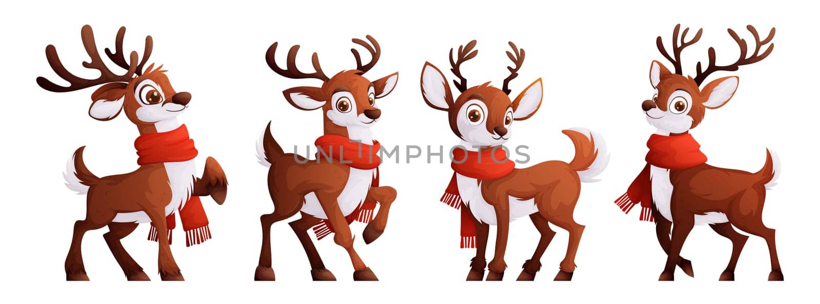 Set of four deer. A cute brown deer with antlers and a white fluffy chest, wrapped in a warm red scarf.