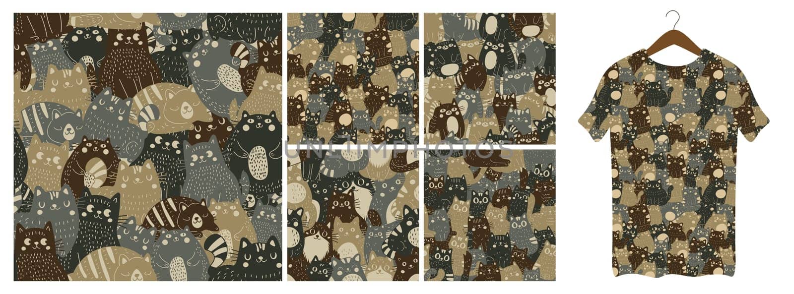 A set of five seamless patterns, a khaki pattern consisting of cats. War paint of kitten silhouettes.