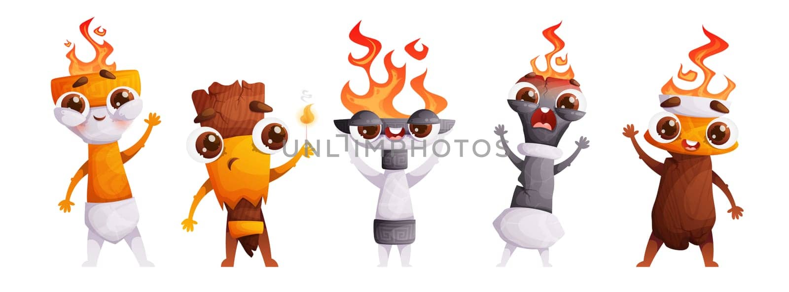Set of five cute characters Medieval torches with burning flames. Emotional Antique torches of different shapes with fire. Symbol of the Olympics.