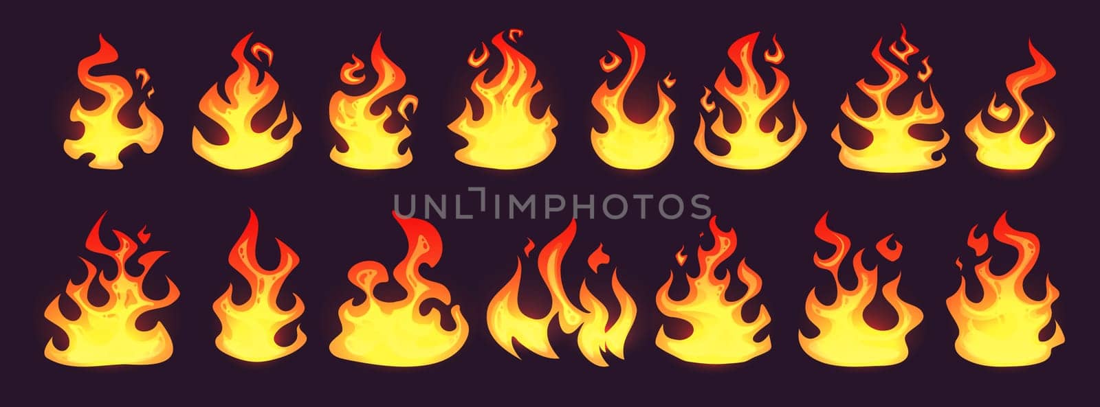 Set of red and orange flames. Collection of hot glowing element. Fire, a symbol of energy and strength.