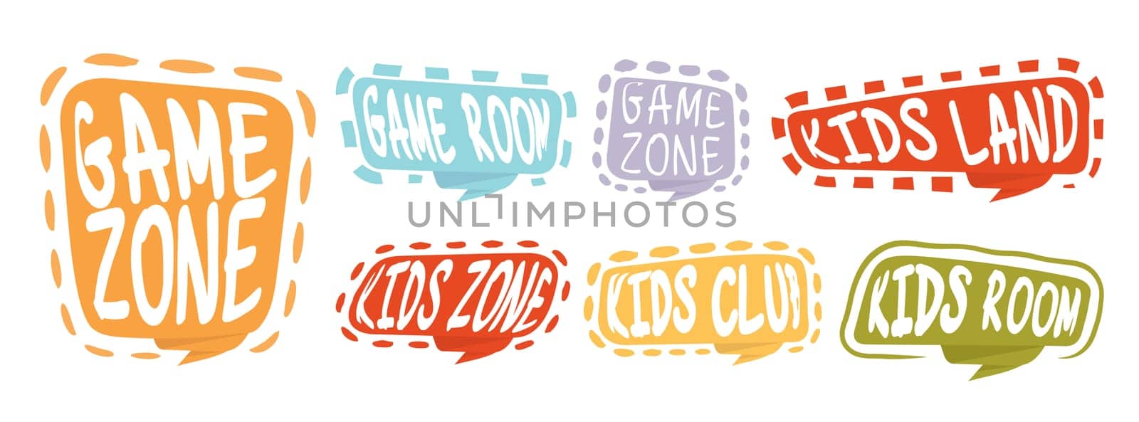 Game room party labels, children education and entertainment club elements. Baby playing zone vector illustration set. Kids entertainment badges. Playroom area, child and kids zone for game