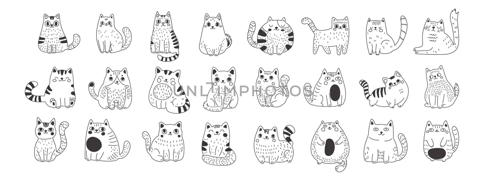 Large set of cats in linear style. Cute funny fluffy cats. Ideal for those who appreciate the cute and whimsical side of feline charm.
