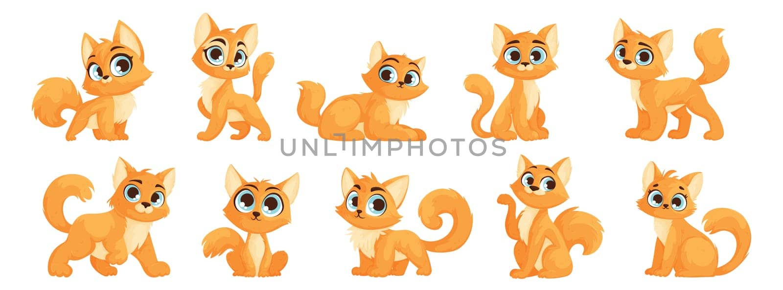 A set of ten cute orange kittens with blue eyes in different poses. A small cute cat with a charming look poses.
