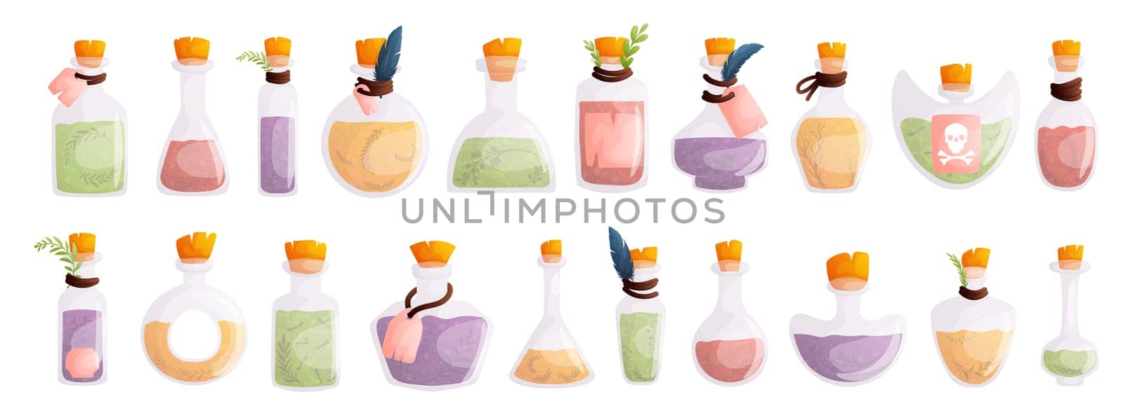 Set of twenty Magic bottles for witchcraft. Game potion. Cartoon elixir for strength mana and stamina, love potion poison and antidote in magic phials. Cartoon style