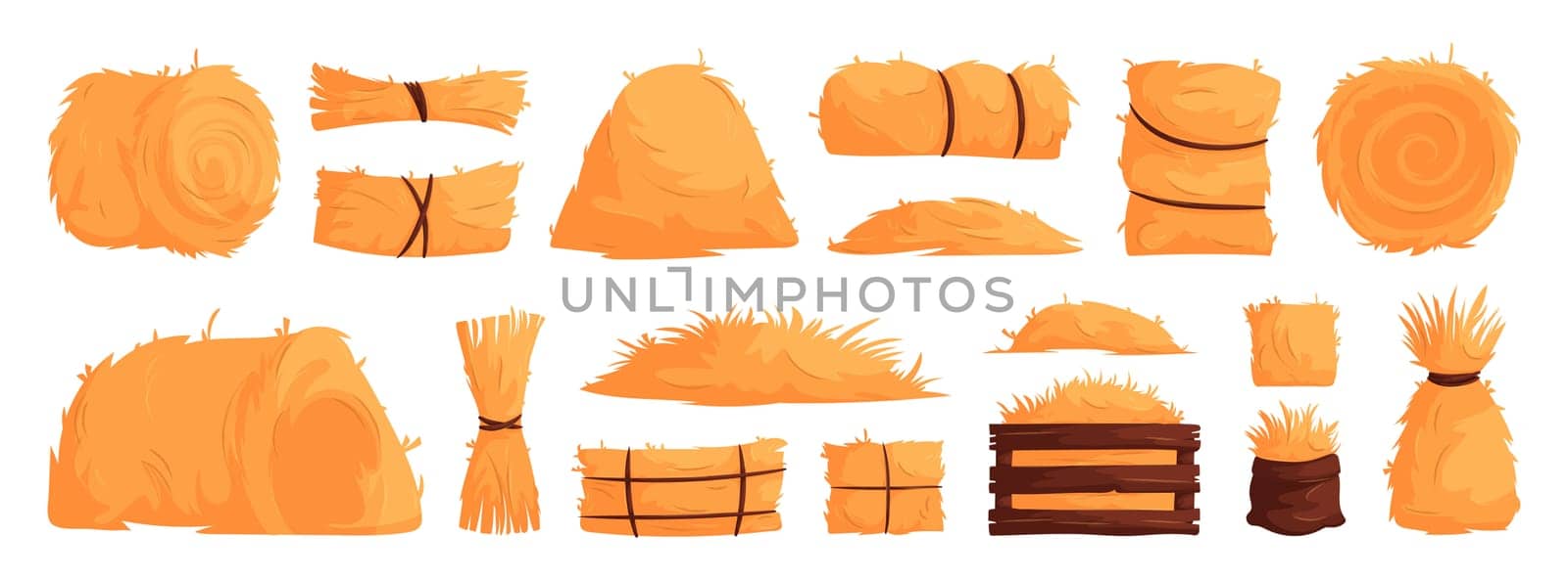 Set of hay bales, piles, heaps and stacks. Straw in rolls, squares, bags. Dry grass, bundles of farm feed. Cartoon vector illustration of haystacks.