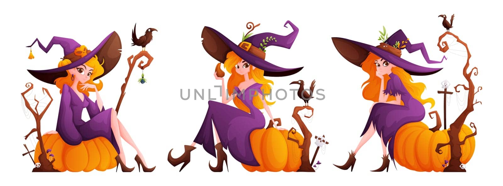 Halloween witches set. A witch with a cute look, orange hair, a purple dress and a large purple hat sits on a huge pumpkin. Old dried tree, crosses, skulls and crows.