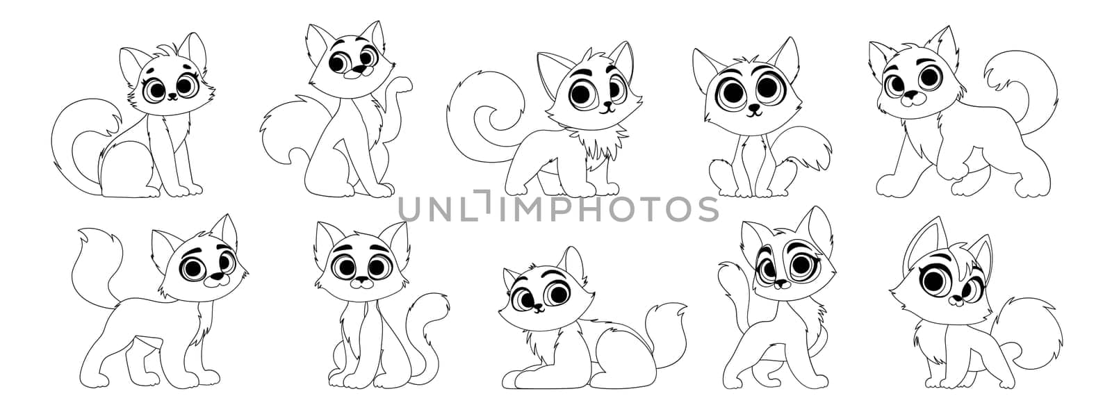 Set of ten cute line art kittens. Little cute cat with a charming look poses.