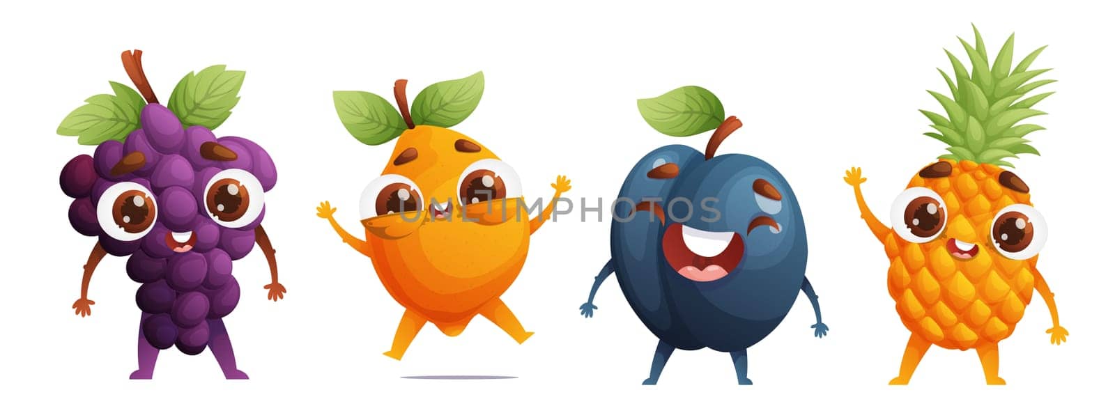 Set of four cute fruit characters. Little happy grapes, lemon, plum and pineapple. Dynamic poses, colorful detailed Cartoon style