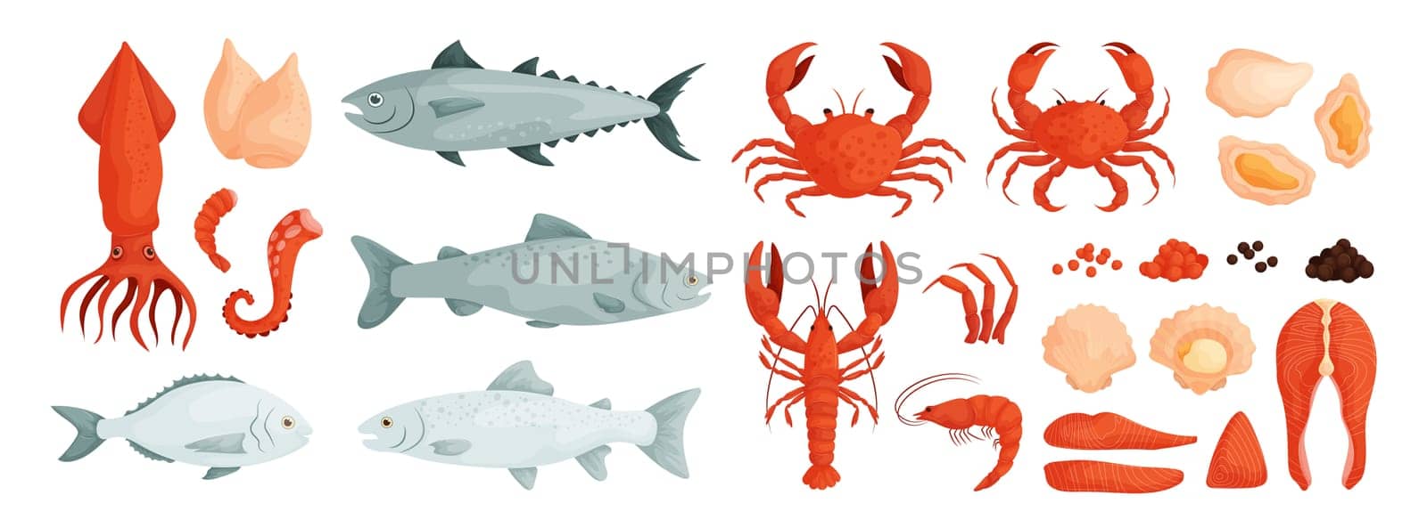 Seafood . Vector. Red and black caviar. Steaks and pieces of fish.