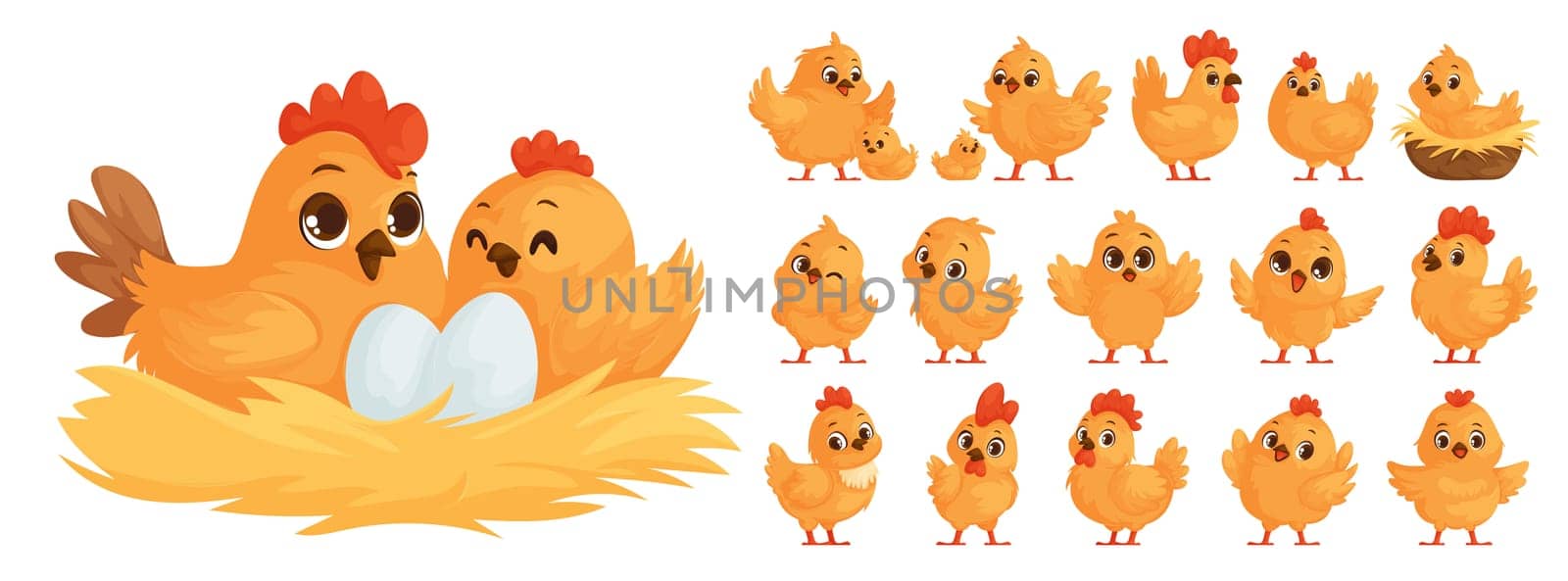 Large set of chicken family. Yellow chickens, Hen hatches eggs. Mother hen and chicks. Big and small roosters. Chicken and rooster in the nest.