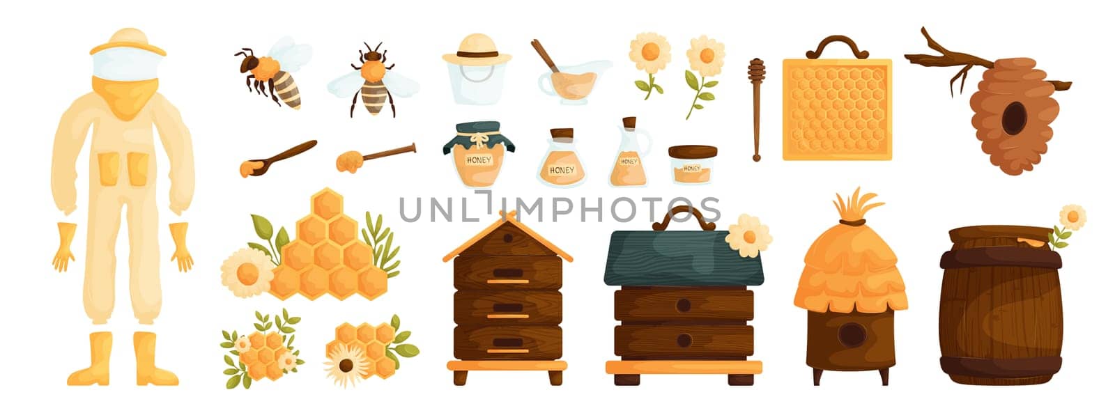 Set of honey products. Jar, bee insect, ladle, honeycomb, flowers, beehive and barrel. Honey and apiary production or equipment. Natural organic product, healthy sweet food, sugar dessert.