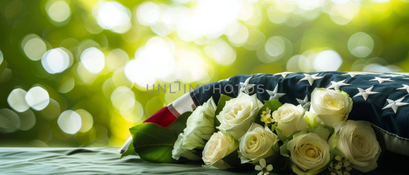 A bouquet of white roses on an American flag shines under a soft sunlight, evoking respect and memory