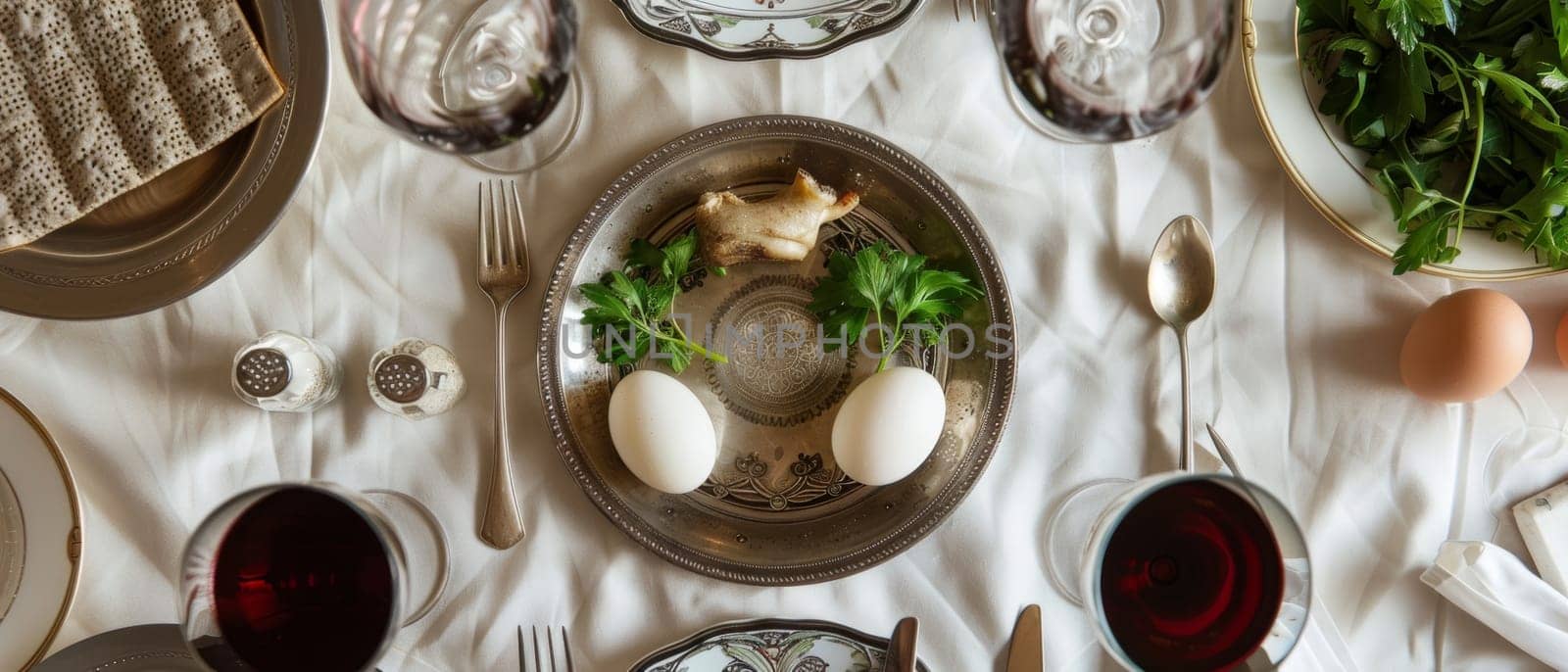 A top-down view of a Passover seder plate, surrounded by elegant tableware, parsley, eggs, and a wine glass, evoking a ceremonial ambiance
