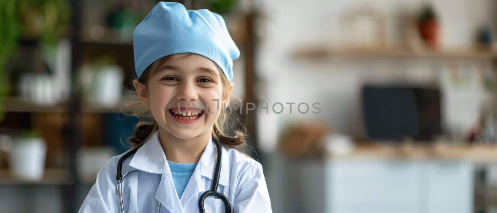 Wide-eyed with excitement, a child in a surgeon's outfit and cap radiates joy, stethoscope in hand