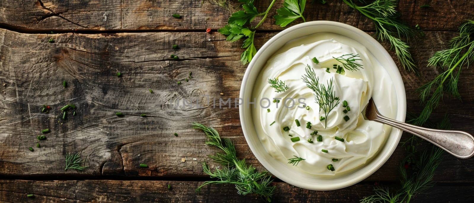 Wide-angle view of sour cream garnished with chives and dill in a ceramic bowl on an aged wooden surface, capturing rustic elegance