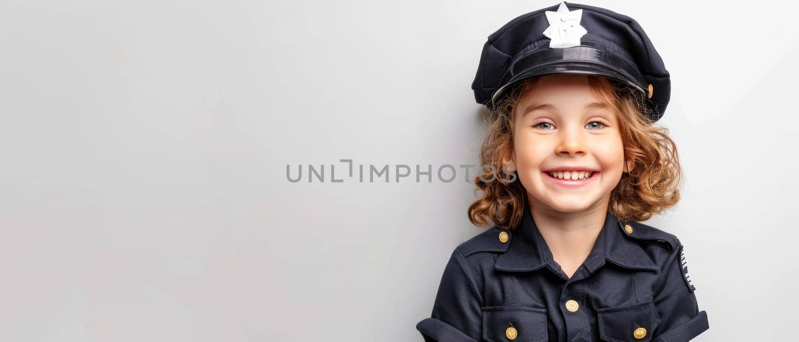 A little girl with curly hair beams joyfully, clad in a police uniform and cap, evoking a sense of fun and playfulness on a light background