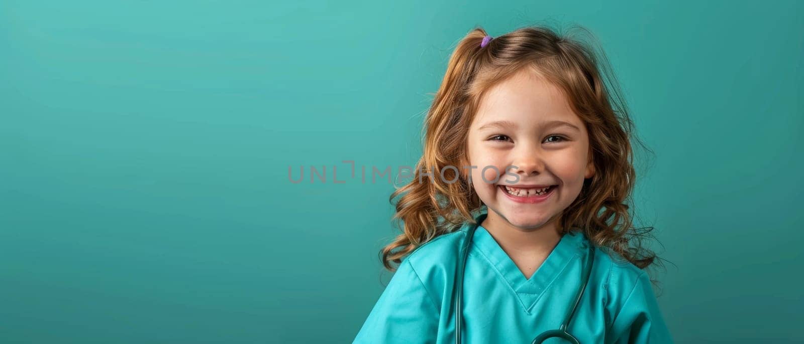 A radiant child sporting turquoise medical scrubs flashes a heartwarming smile against a teal background