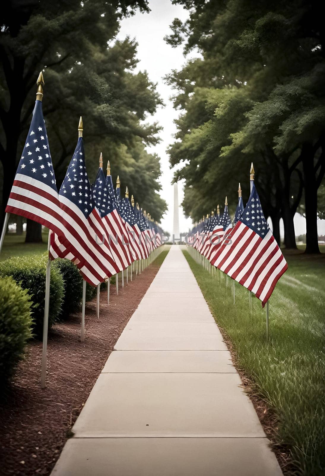 AI generated of a sidewalk with american flags are standing on the side of pathway lead to the dedicated monument