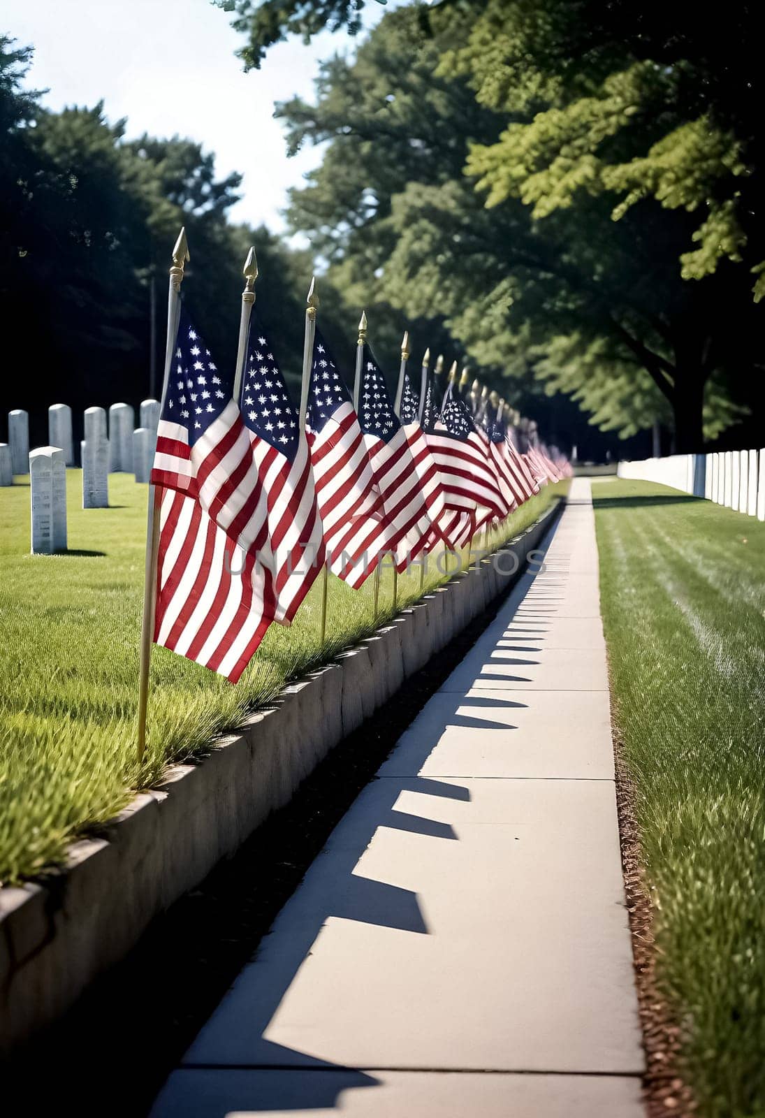 AI generated of a row of american flags line a sidewalk in front of a cemetery