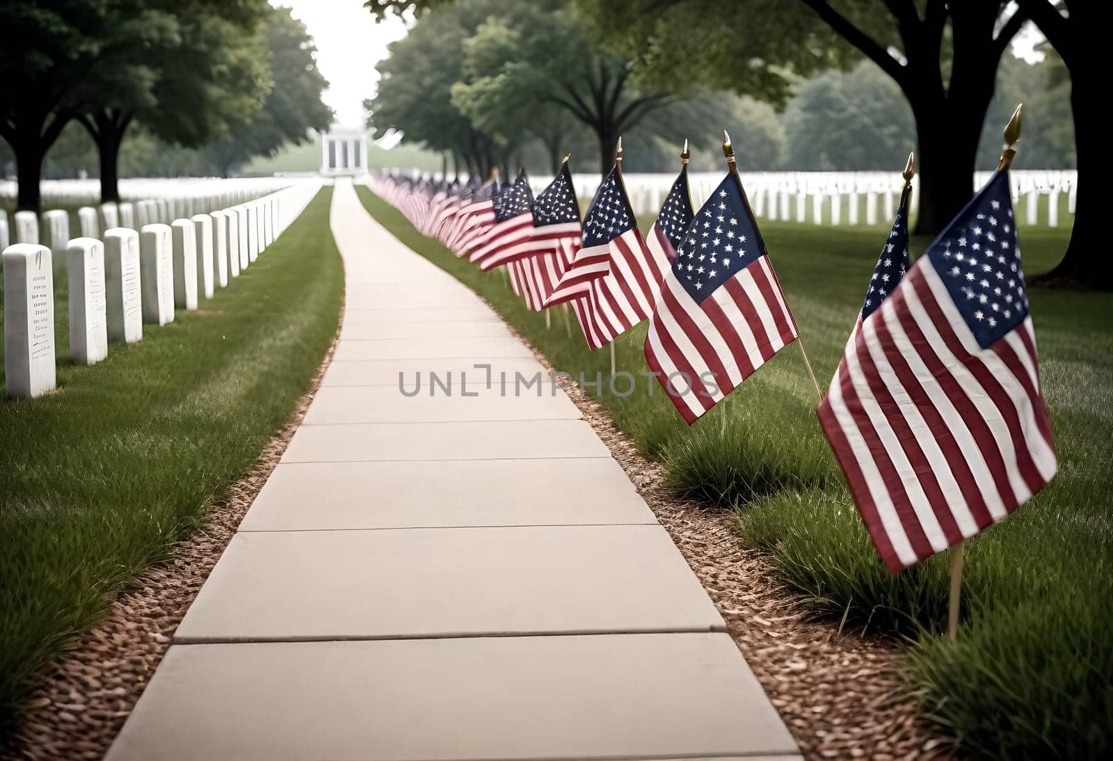 AI generated of a sidewalk with say united states of america flags