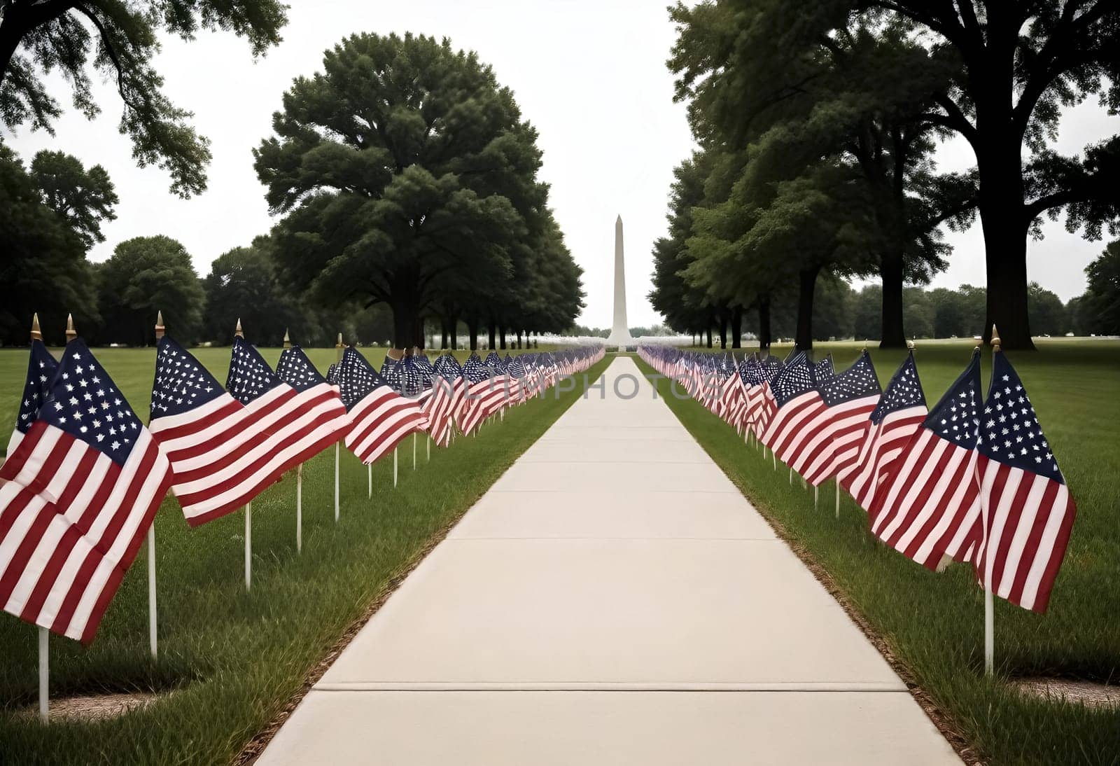 AI generated of a row of american flags line a sidewalk in front of a cemetery