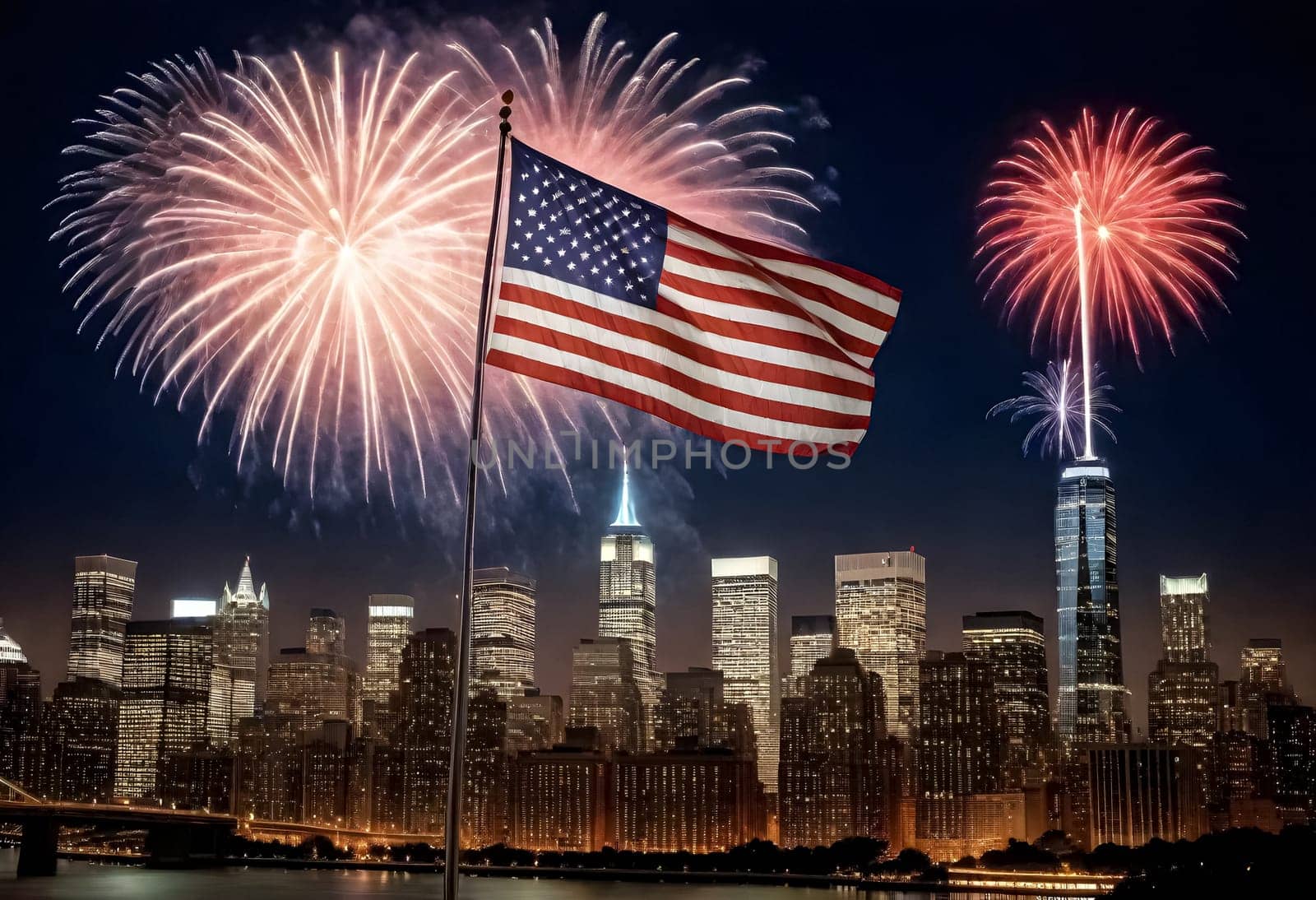 AI generated of fireworks in the sky over the skyline and an american flag with the buildings