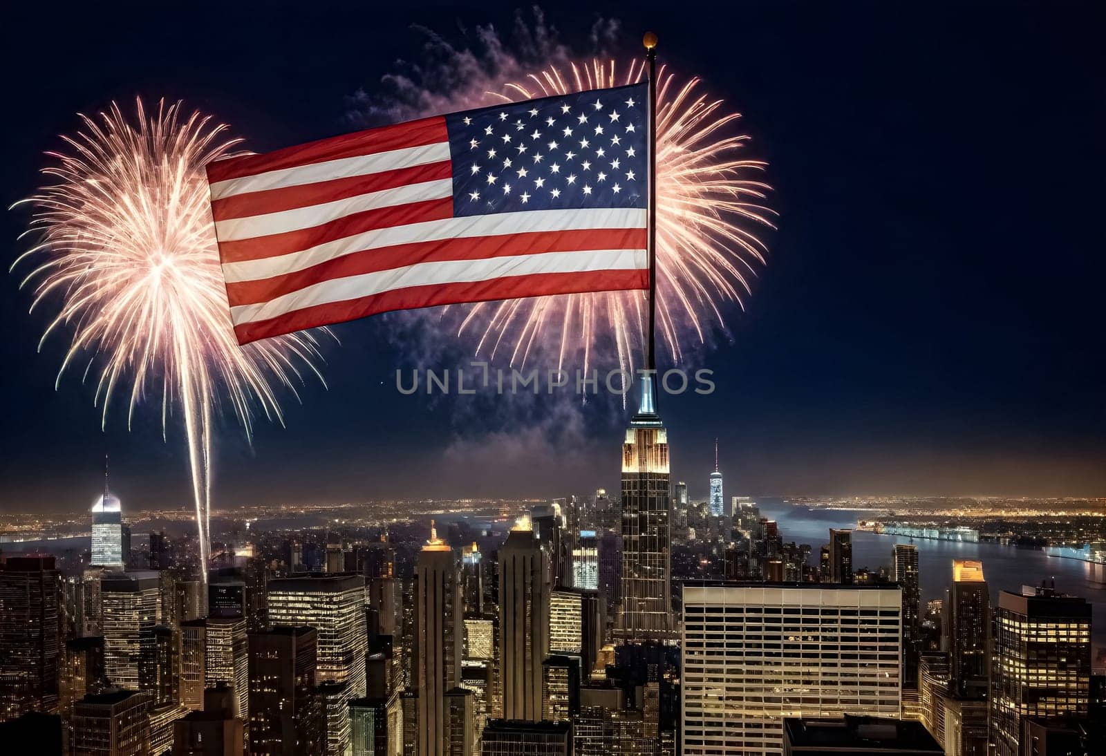 AI generated of fireworks in the sky over the skyline with an american flag and fireworks