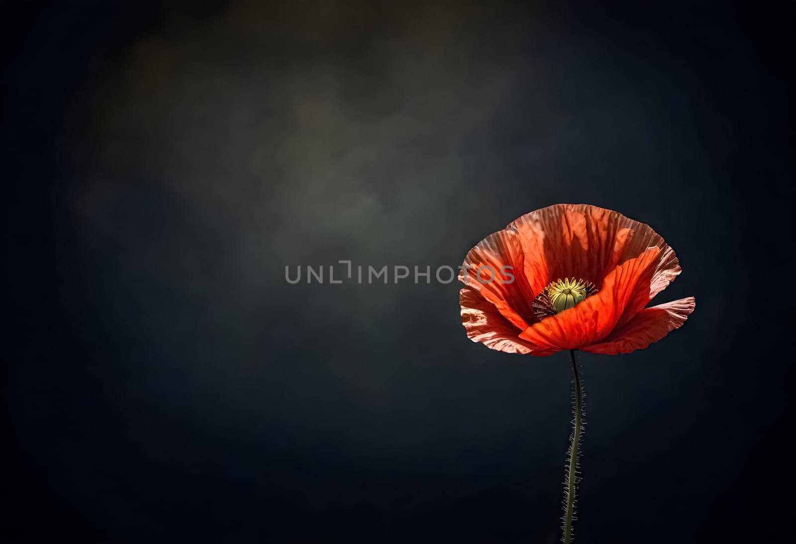 AI generated of a red poppy flower isolated againts a dark and moody background