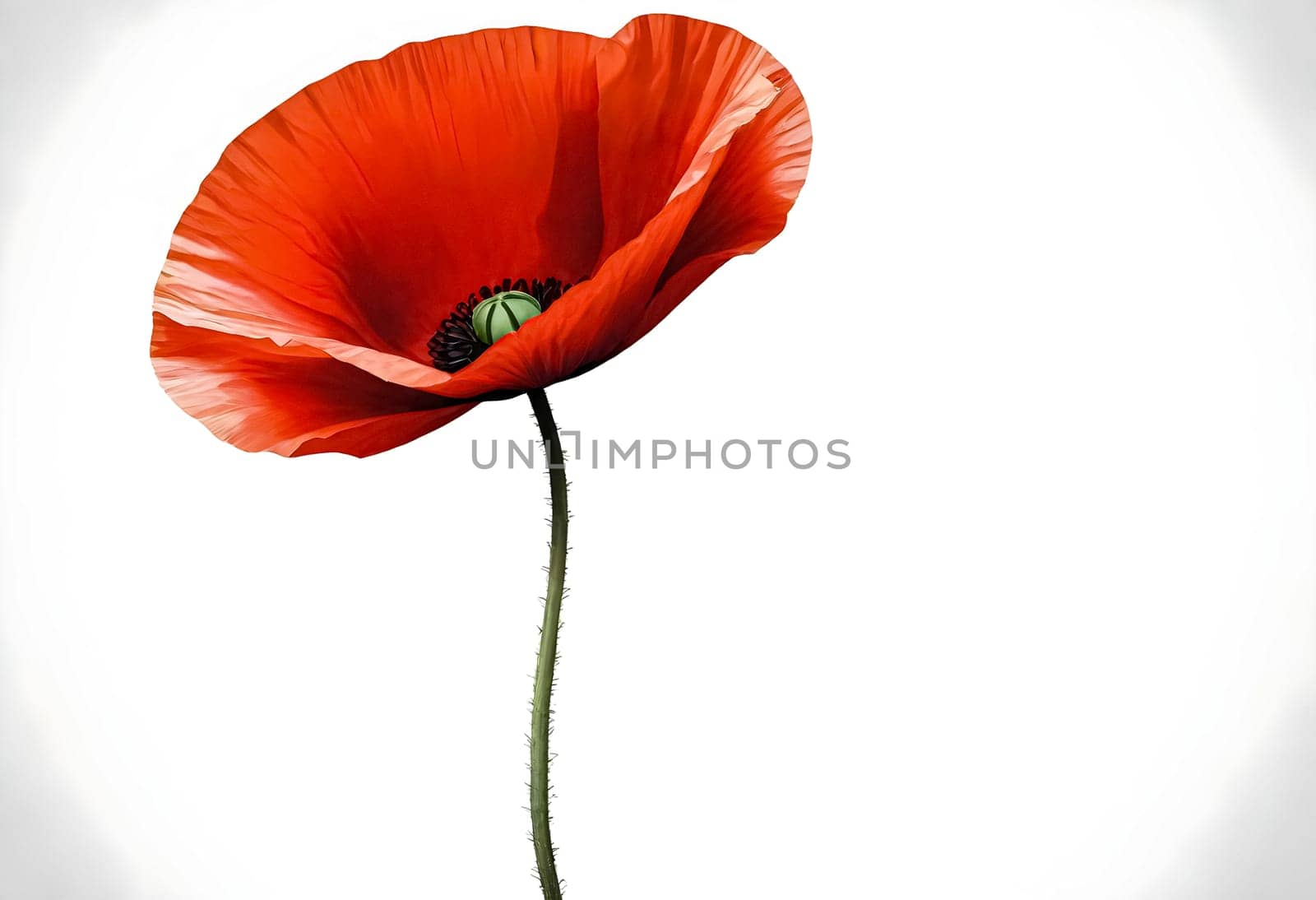 AI generated of a red poppy with a green stem and a white background