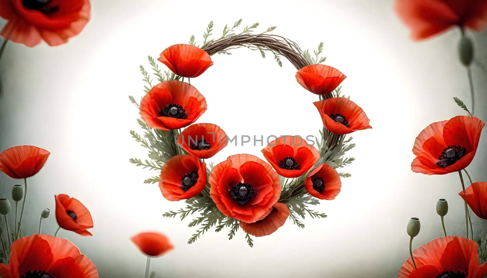 AI generated of a wreath of poppies flower with green leaves surrounded by other red poppies
