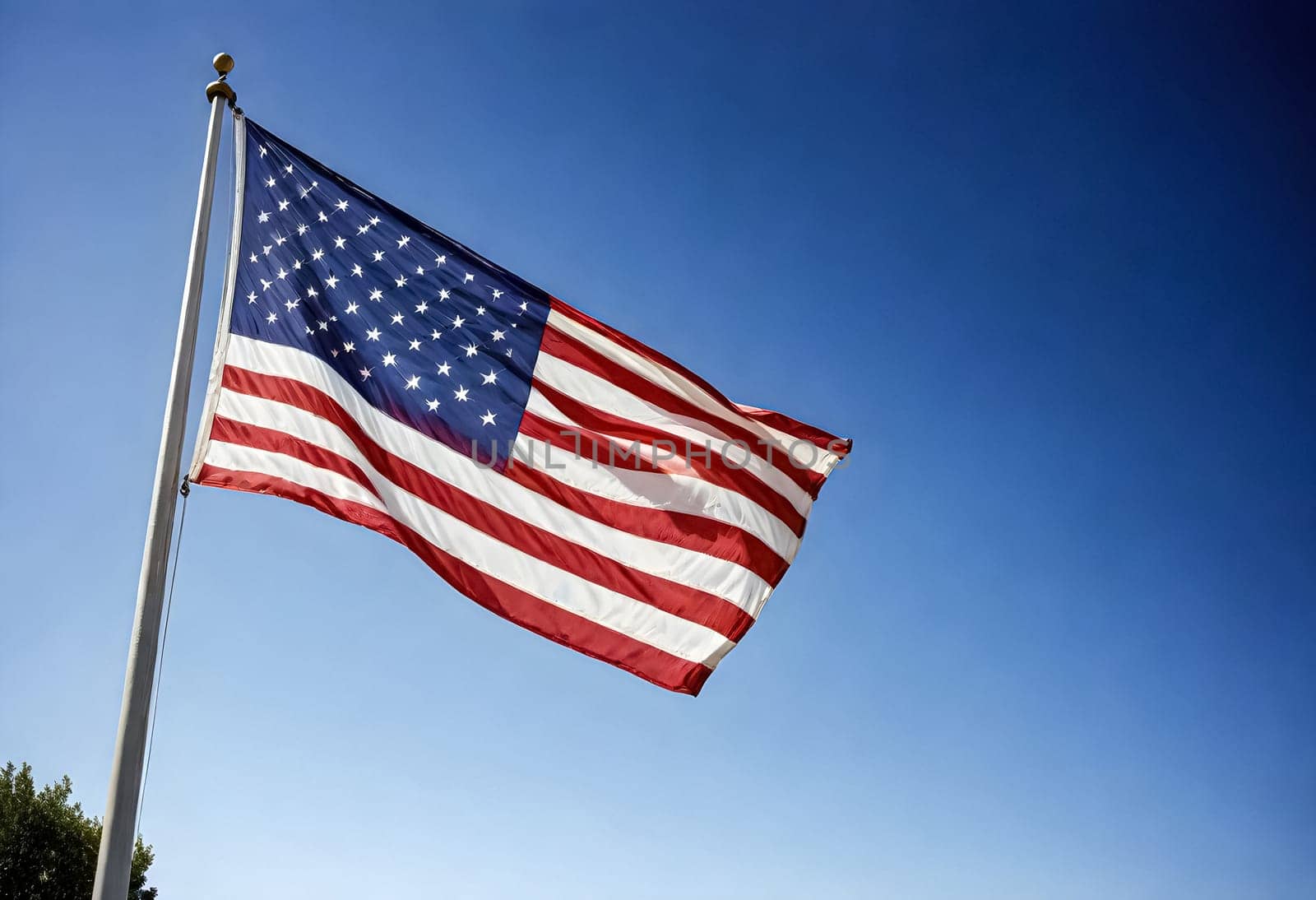 AI generated of an american flag is flying in the wind with a blue sky background