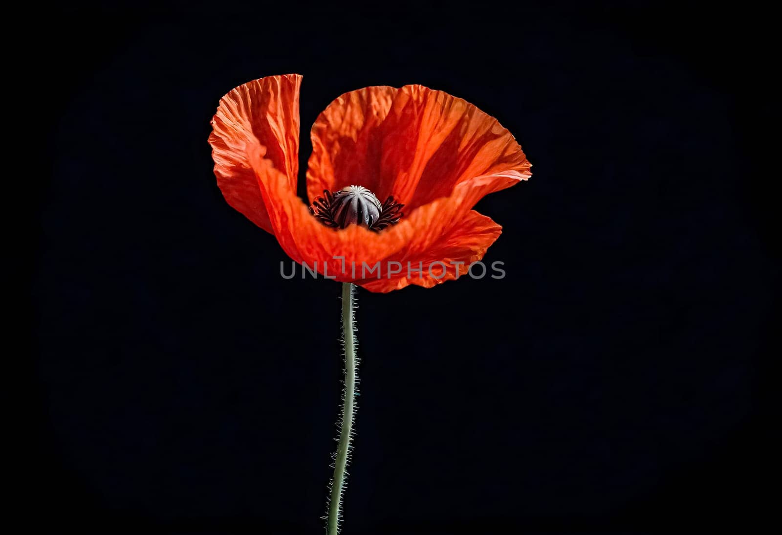 AI generated of a red poppy isolated on a black background
