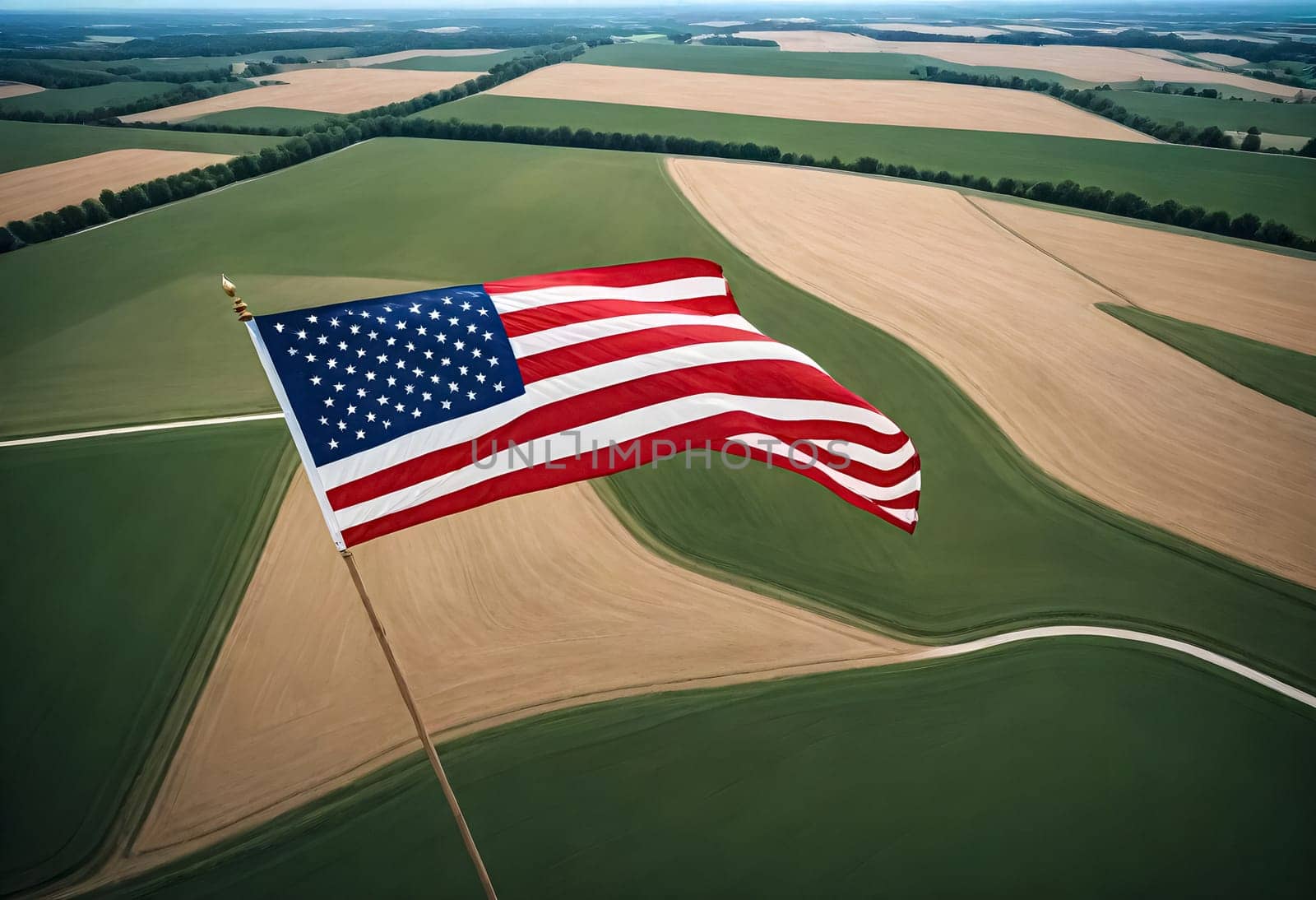 AI generated of an american flag is flying in the middle of a field