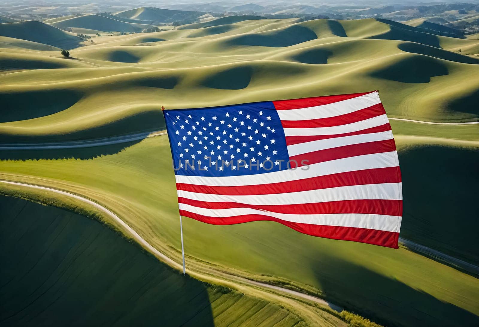 AI generated of an american flag is flying in a field with green fields on the background