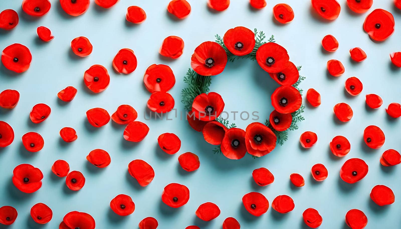 AI generated of a group of red poppies are placed in a circle wreath surrounded by red poppies