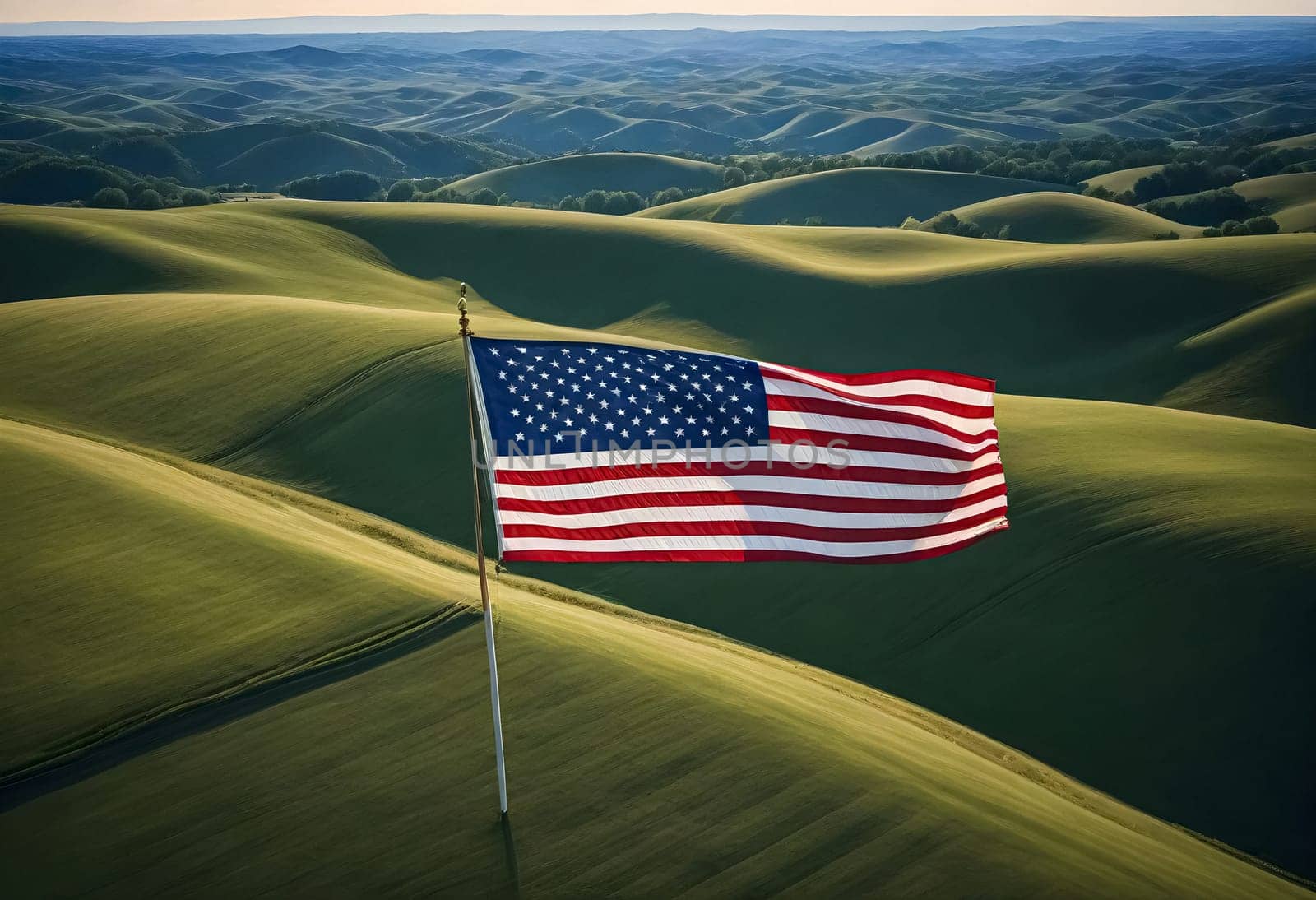AI generated of an american flag is flying in a field with a field of green grass and a blue sky