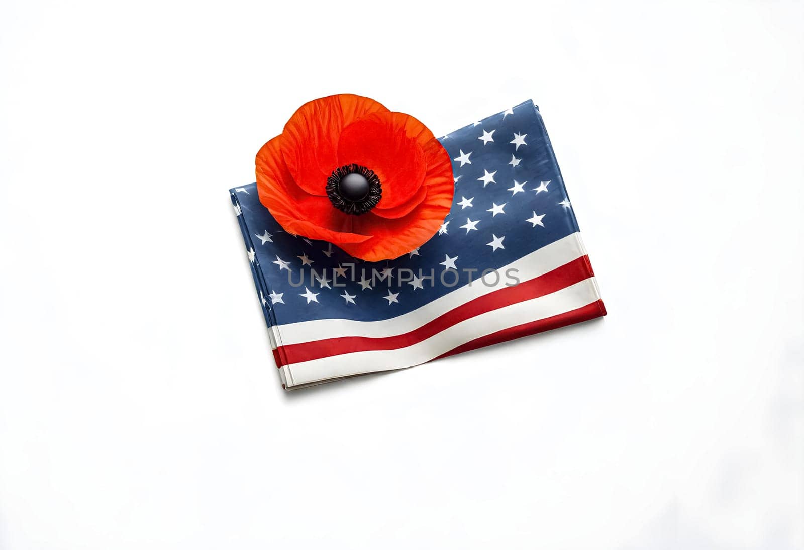 AI generated of a poppy on an american flag with the stars on it againts white background