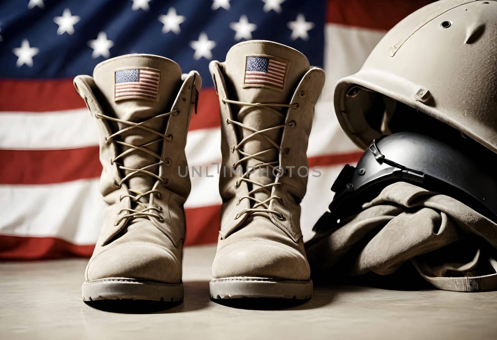 AI generated of a pair of army boots with the american flag on the top