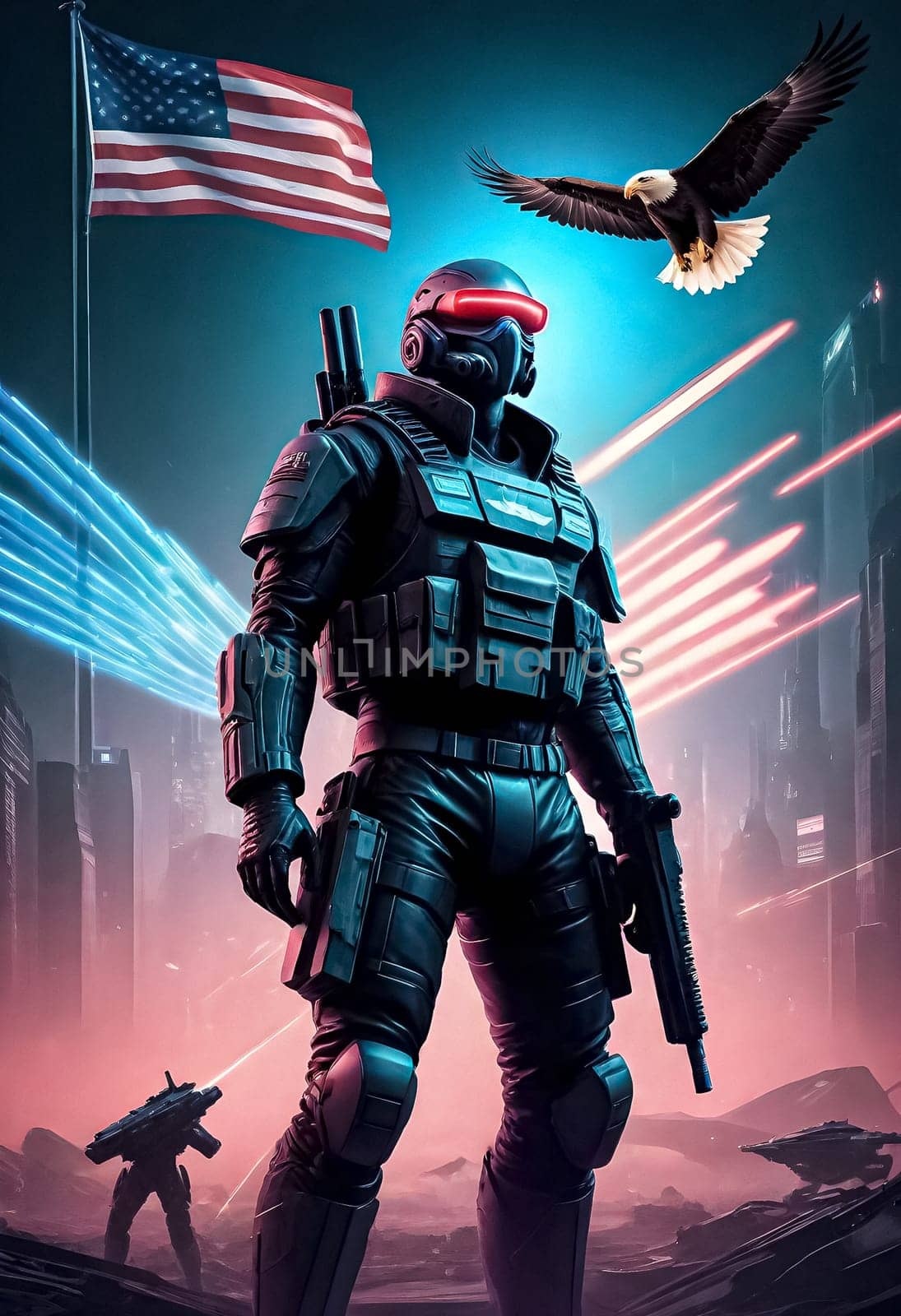 AI generated of a poster design with heroic figures from american history with cyberpunk futuristic style