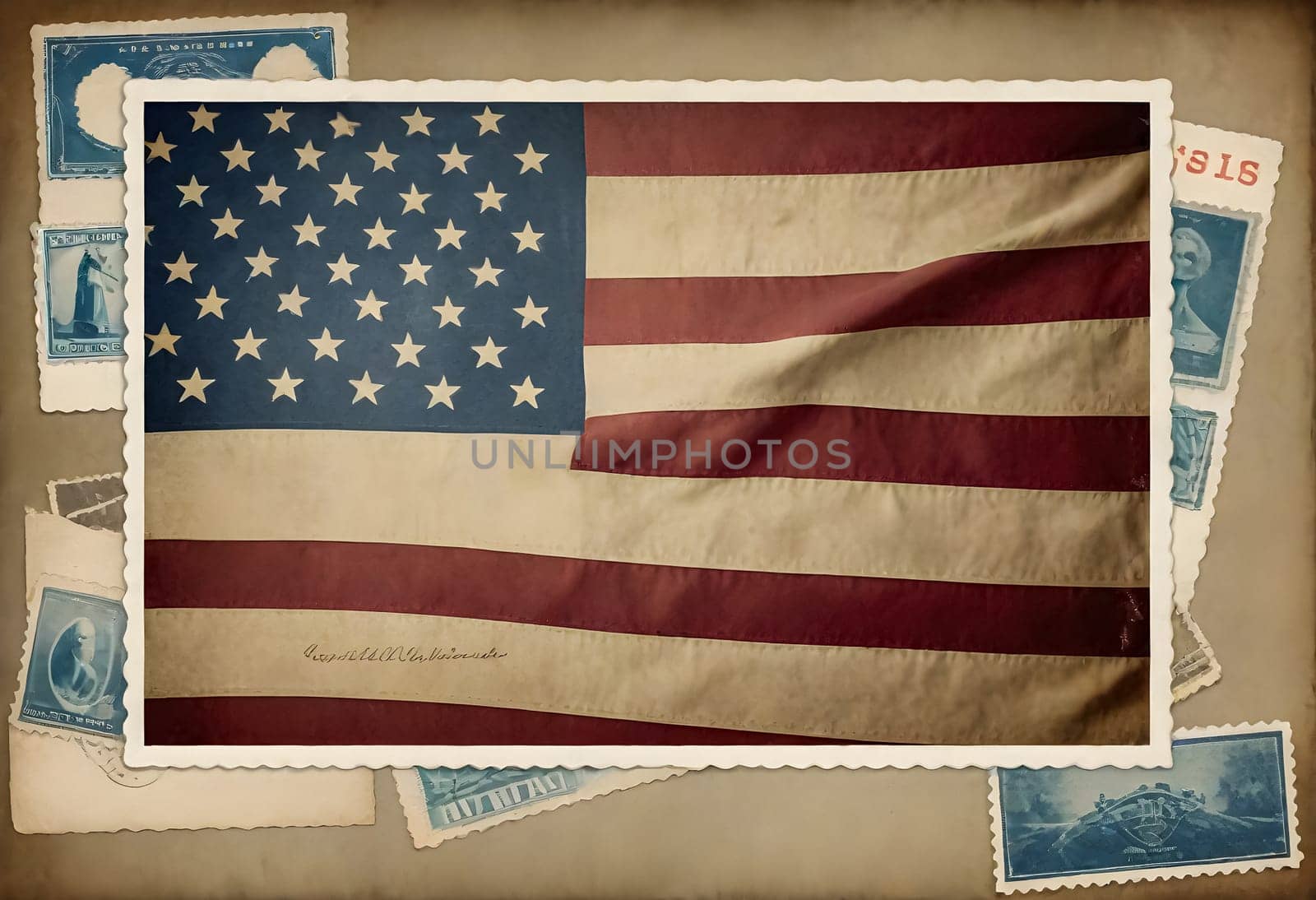 AI generated of a group of vintage stamps are collaged with american flag stamp on a vintage postcard