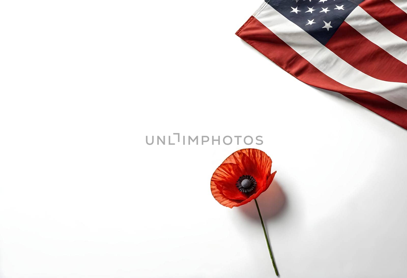 AI generated of a red poppy is next to an american flag on white background