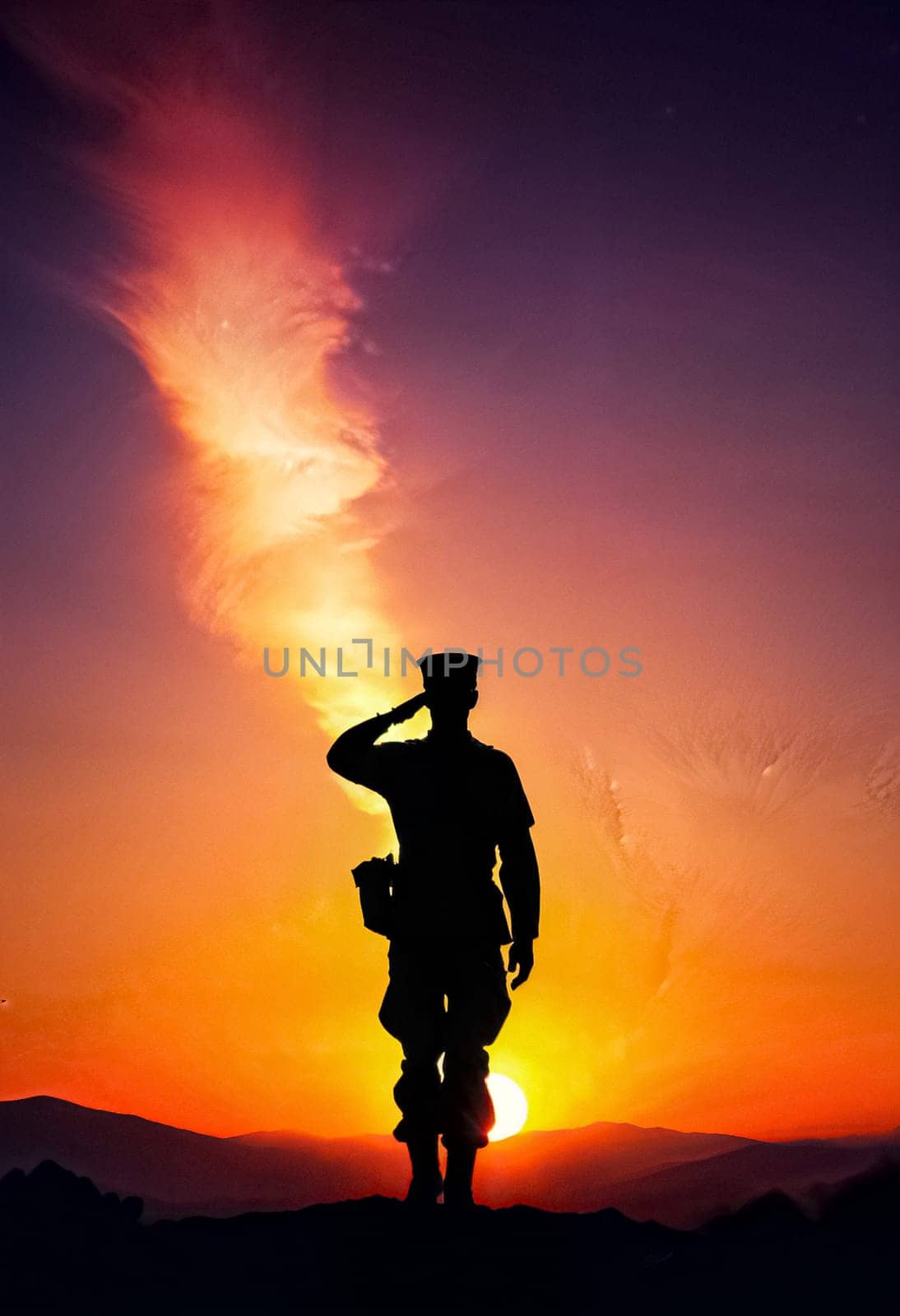 AI generated of a silhouette of a man in a military uniform with a sun on sunset sky
