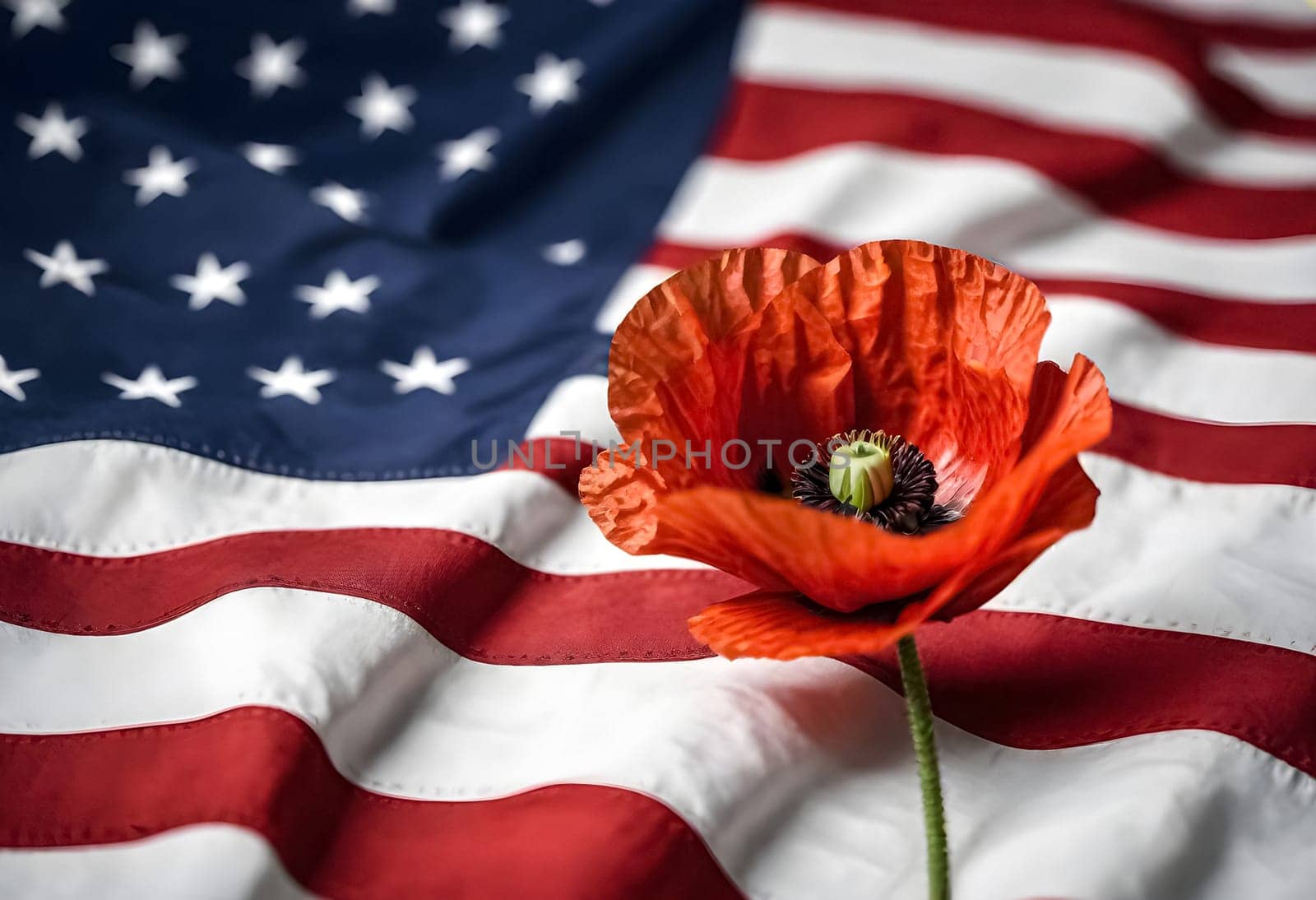 AI generated of a red poppy is in front of a american flag