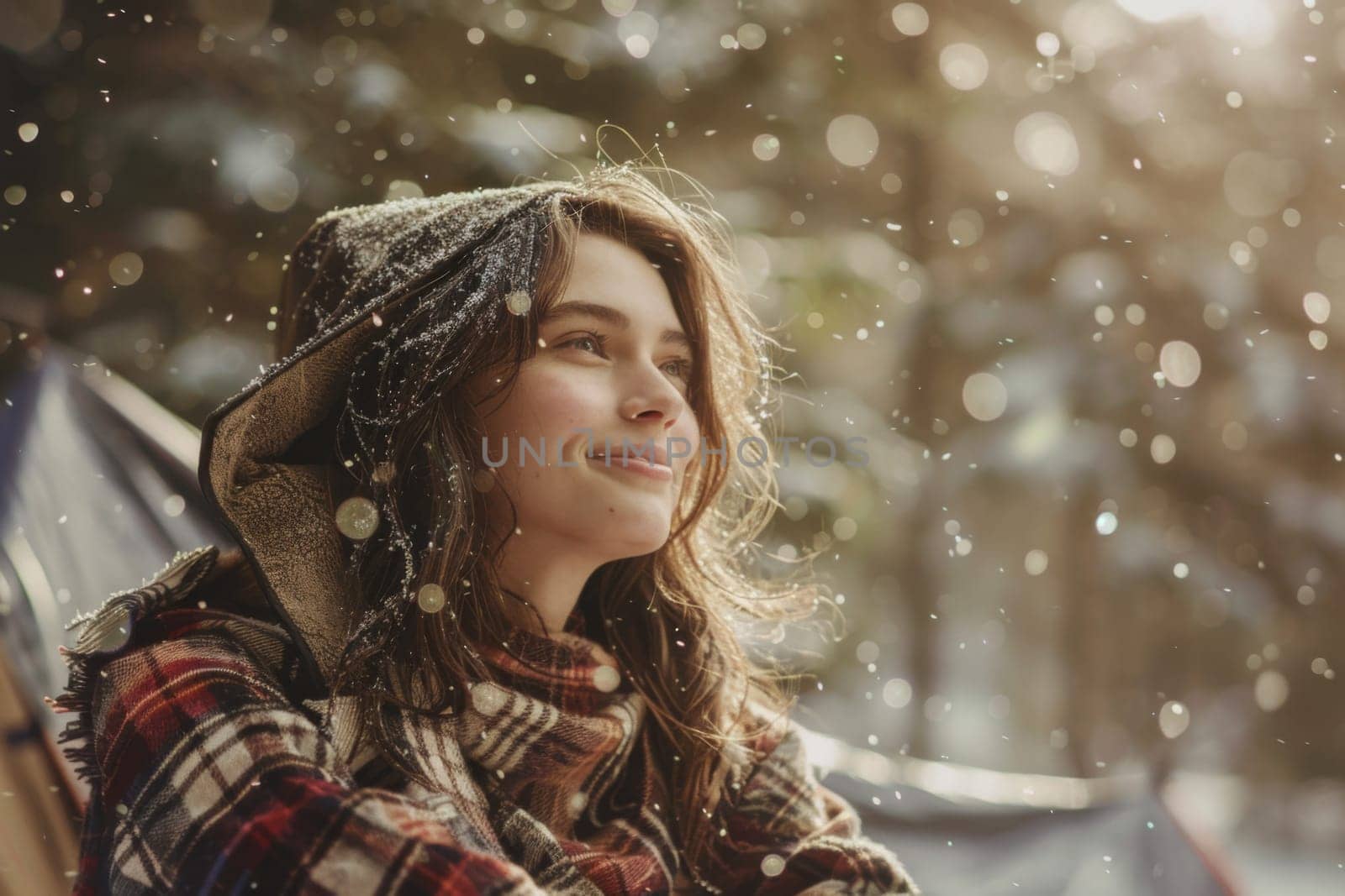Smiling girl wrapped in a plaid blanket experiencing the joy of a gentle snowfall in a serene outdoor setting