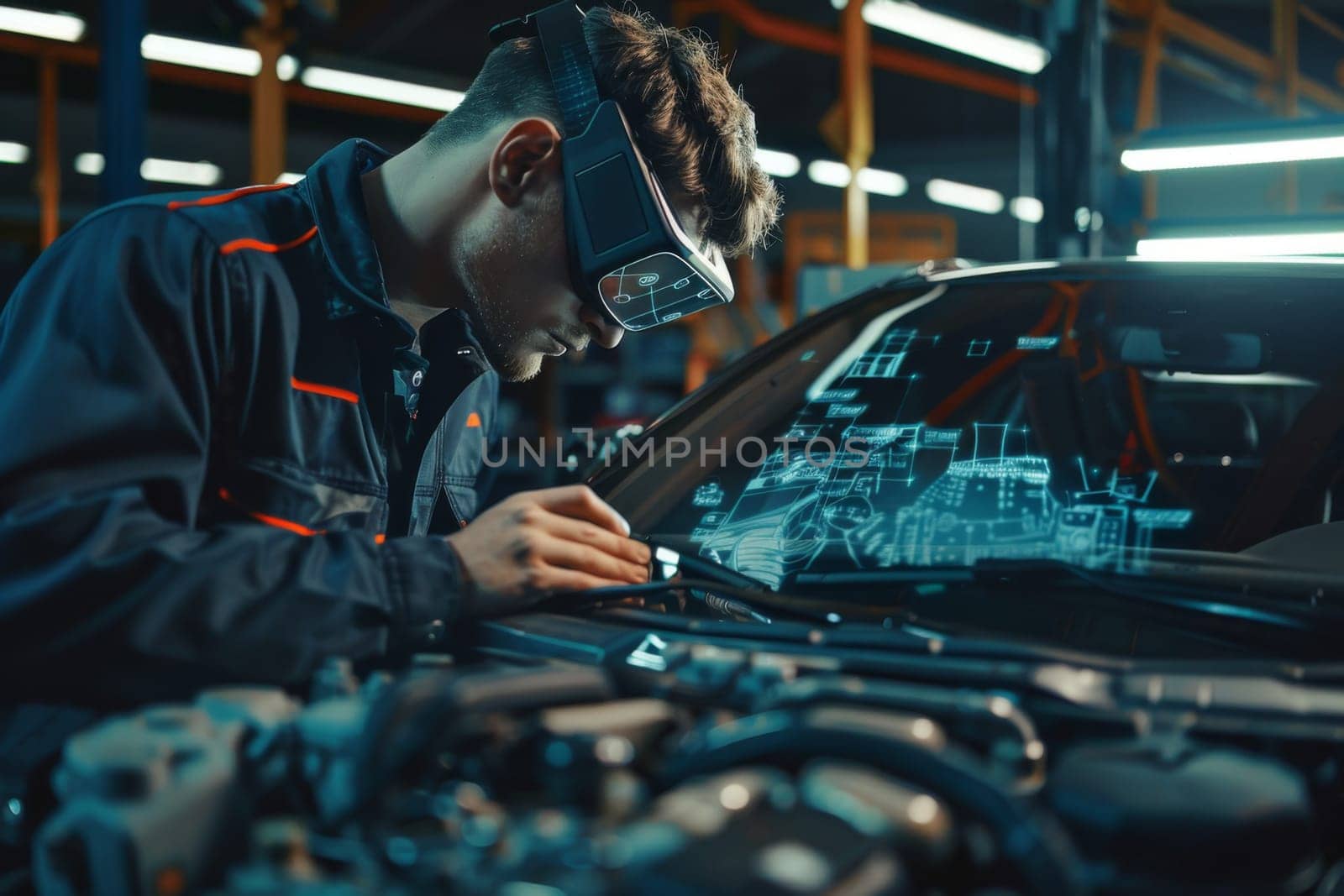 Modern workshop employs advanced electronic equipment for diagnosing cars by mechanic engineer