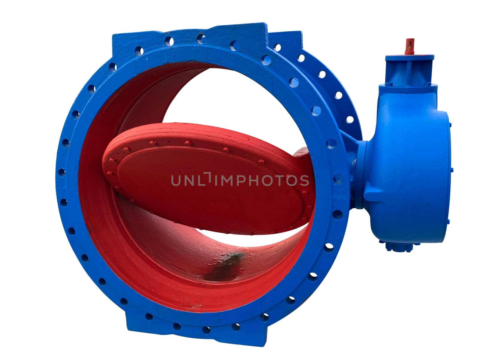 Total view of a blue pipe flap from the pipe network construction in the dimension 1000 mm isolated on white.