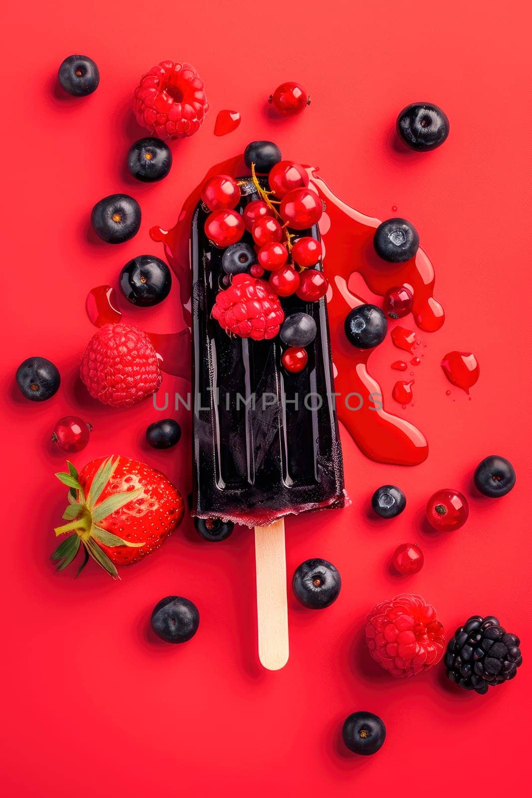 Dark blue fruit and berry popsicle, close up view. Blueberry, strawberry and raspberry flavor. AI generated