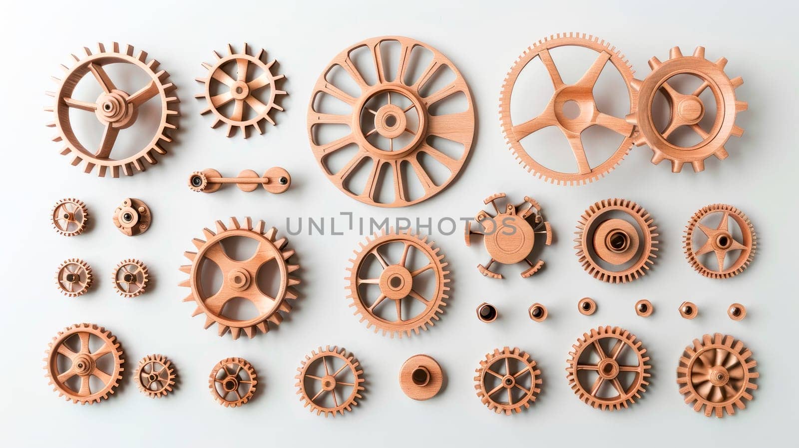 Flat lay composition of different wooden details. Top view background  of wooden gears and mechanisms. AI generated